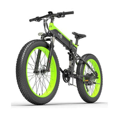 Bezior X1500 electric bike in black and neon green, side-rear view, fat tires, folding frame