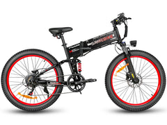 Black- SAMEBIKE LO26-Plus Electric Bike with red wheels on a white background