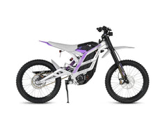 White 79BIKE Falcon Pro Electric Dirt Bicycle with purple accents on a white background