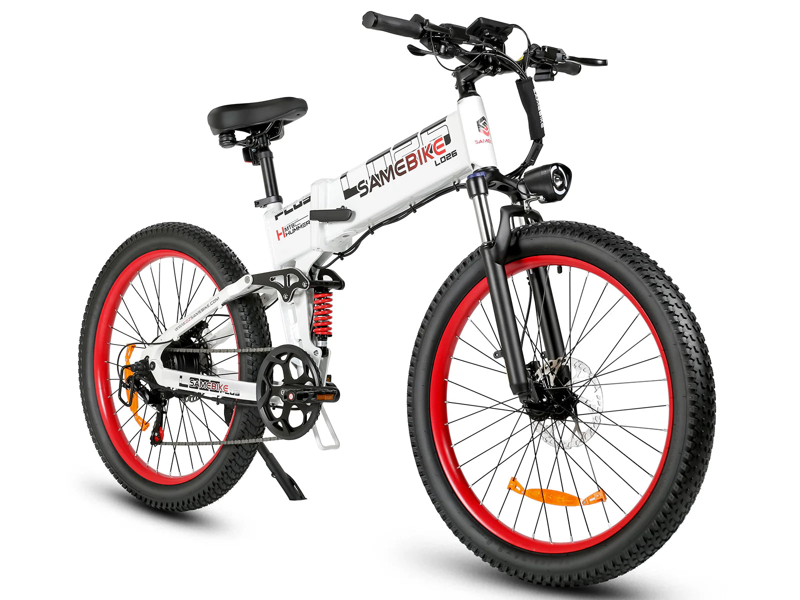 White - SAMEBIKE LO26-Plus Electric Bike electric bike with red wheels on a white background