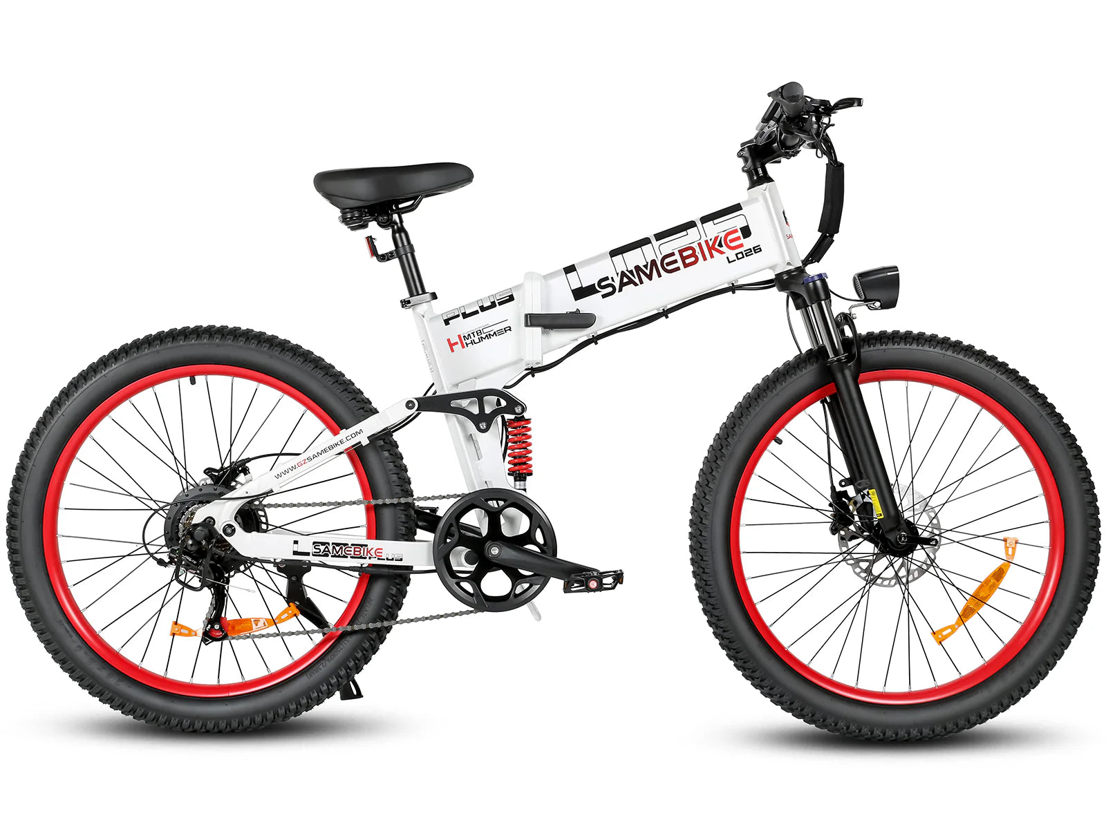 White - SAMEBIKE LO26-Plus Electric Bike with red tires on a white background