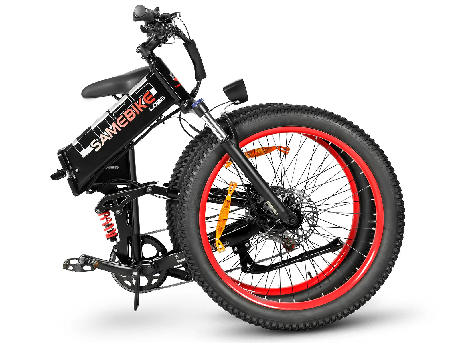 SAMEBIKE LO26-Plus Electric Bike with red wheels on a white background