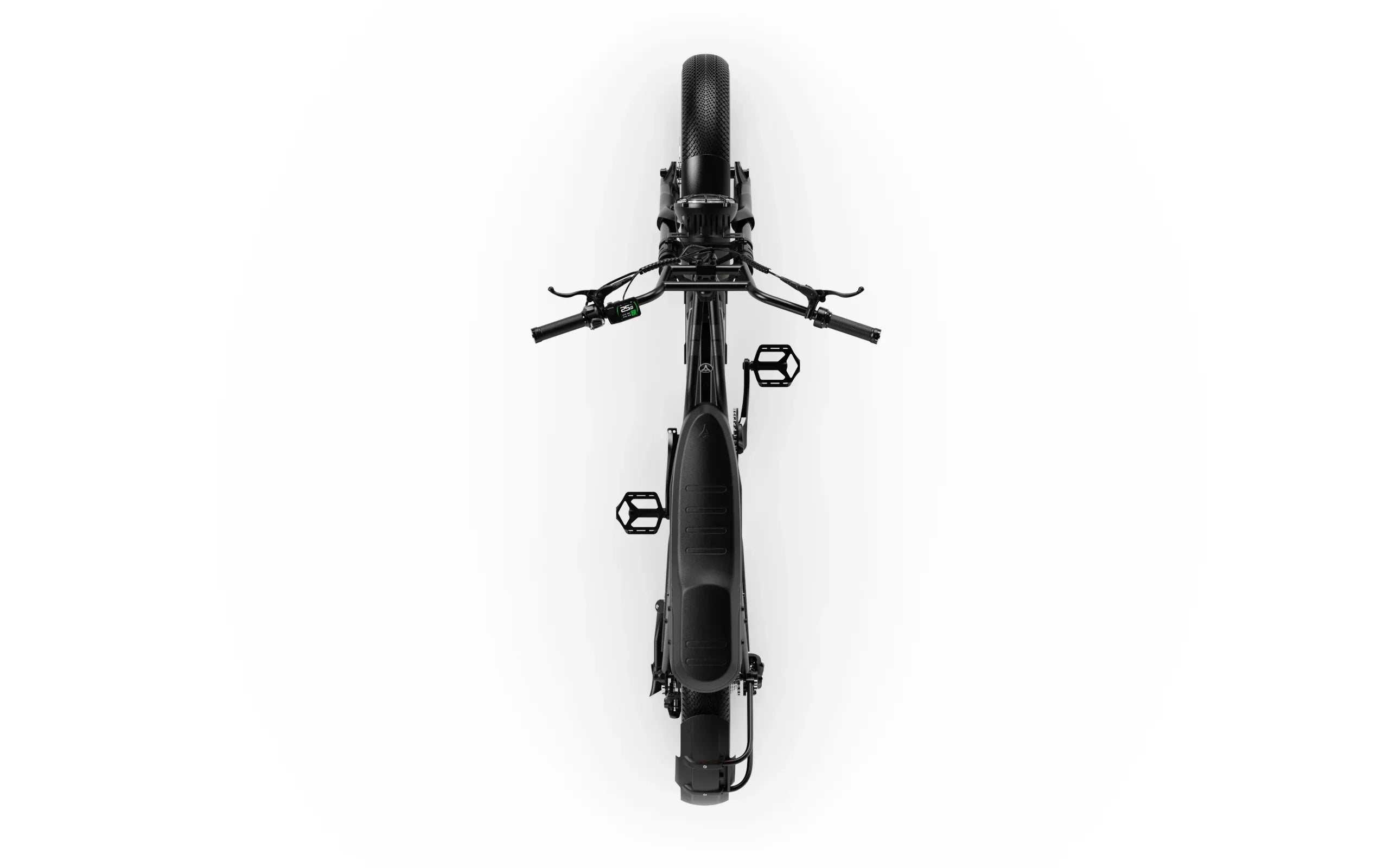 Top View of Black A-Spadz Cavet Air Electric Bike frame on a white background
