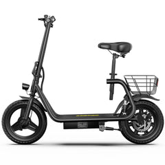 A APEFOX C14 Electric Scooter in black with a step-through frame, black saddle, front wire basket, and small yellow accent details, shown on a plain white background.