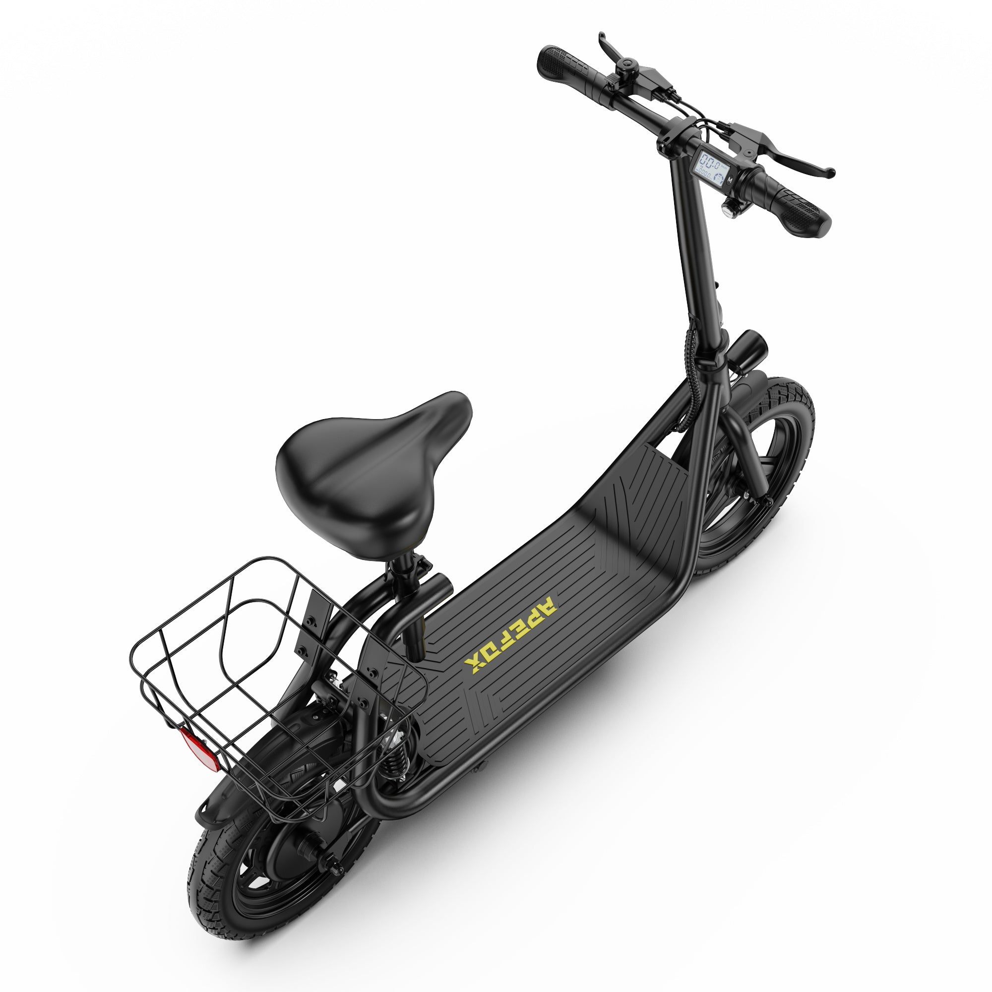 A black APEFOX C14 E Scooter with a rear wire basket, black seat, and yellow 'APEFOX' branding on the deck, shown on a clean white background.