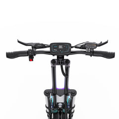 Close-up of a APEFOX T90 Dual Drive Electric Scooter handlebar with digital display on a white background