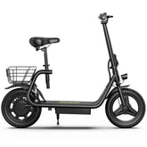 A APEFOX C14 Electric Scooter in black with a rear wire basket, black seat, and black wheels, shown in a clean side profile on a white background.