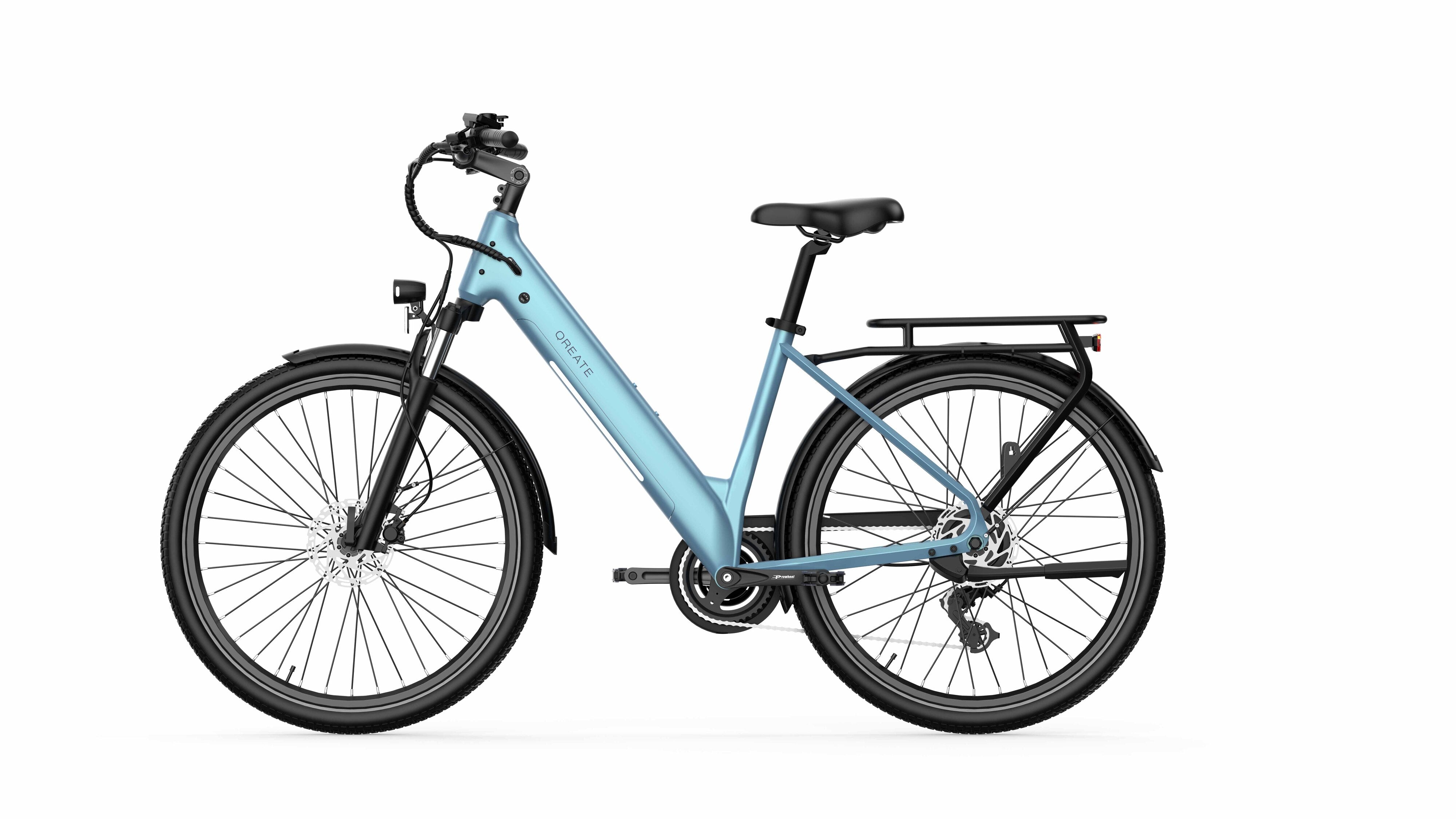 Light blue A-Spadz Qreate City Air Electric bicycle on a white background