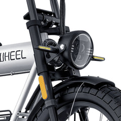 Close-up of headlight of Coswheel CT20 2.0 Cargo Electric Bike branding on a white background