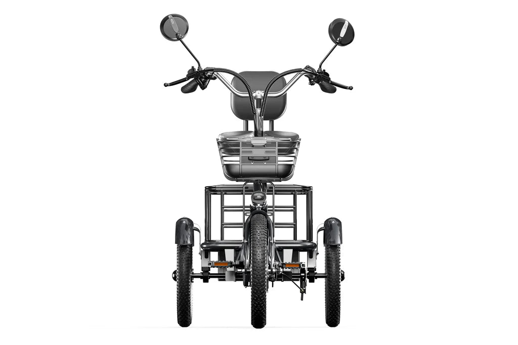 Front view of Cysum T1 Pro-wheeled adult tricycle with mirrors and a basket on a white background