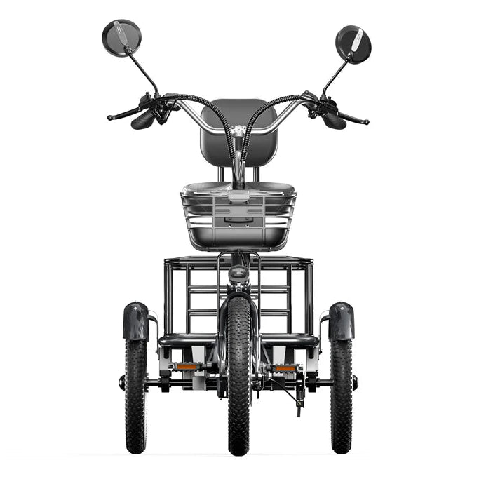 Front view of Cysum T1 Pro-wheeled adult tricycle with mirrors and a basket on a white background