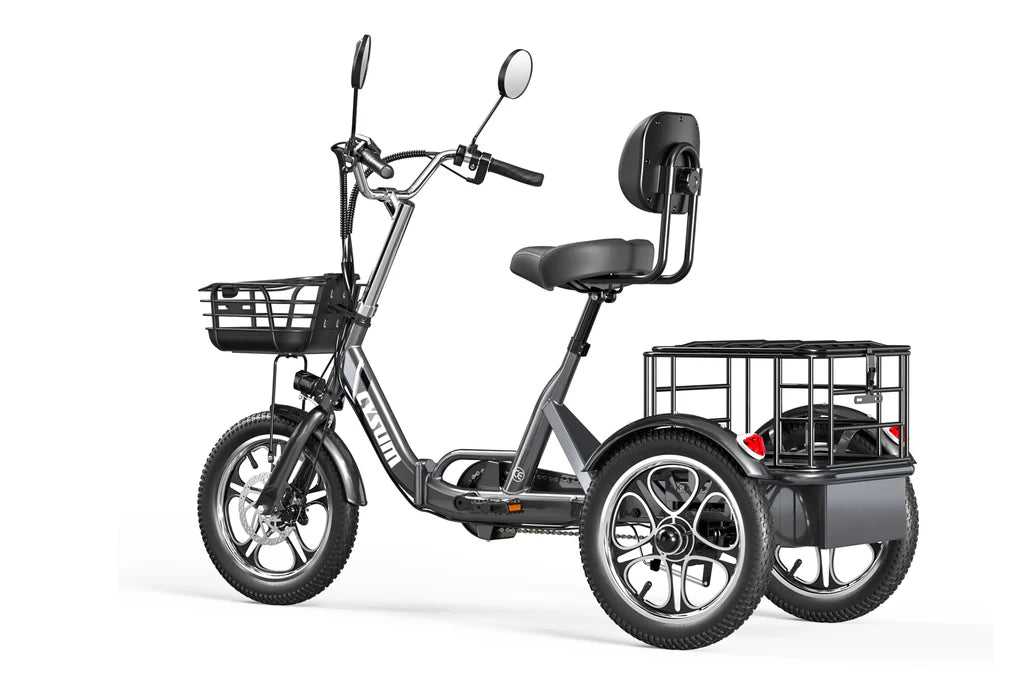 Cysum T1 Pro Tricycle-wheeled electric bike with a basket and seat on a white background