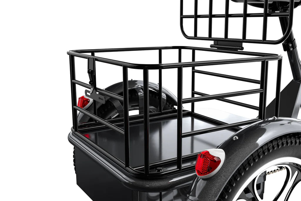 Cysum T1 Pro Electric Tricycle - black metal bike basket attached to a bicycle with a white background