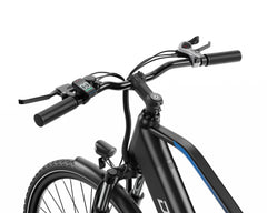 Close-up of an DUOTTS C29 Lite Electric Bike with handlebars and display on a white background