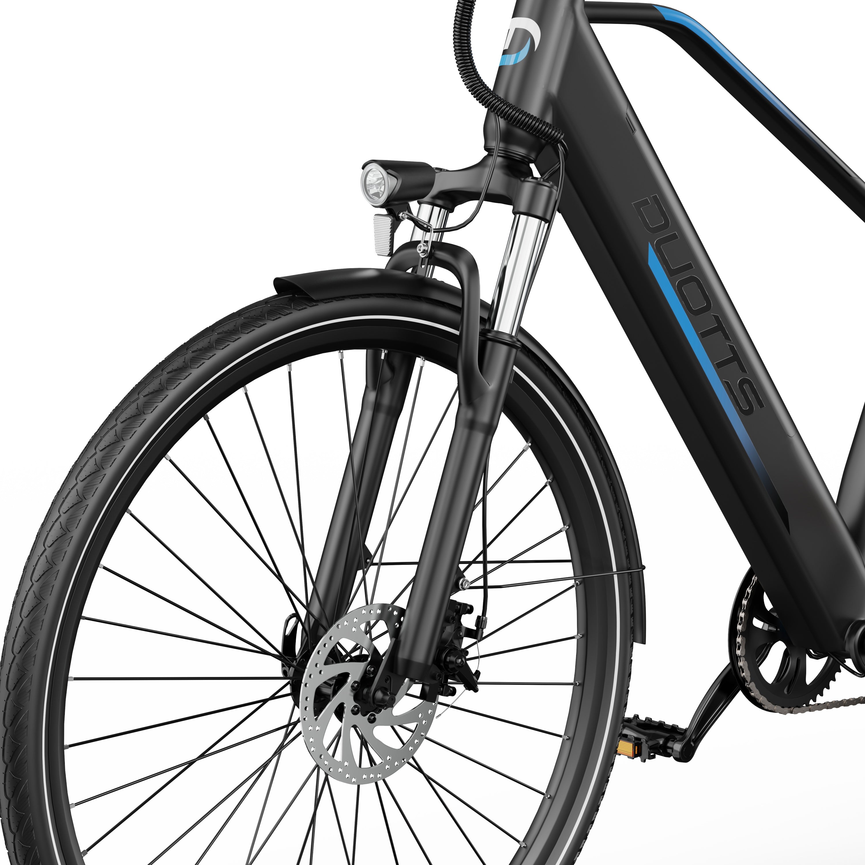 Black DUOTTS C29 Lite Electric bicycle with blue accents on a white background