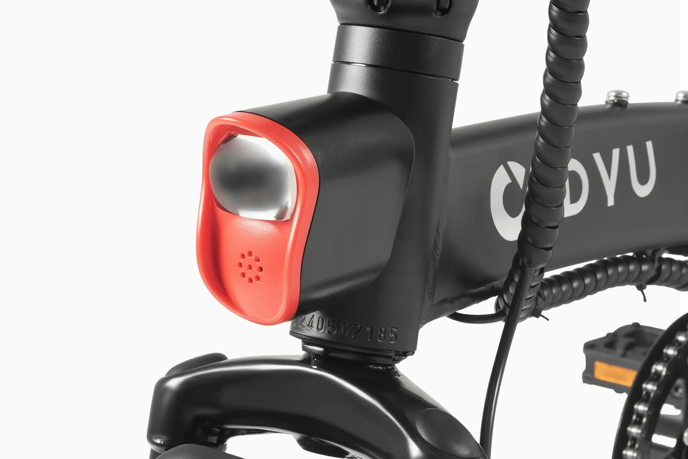 Close-up of a DYU A5 Upgraded Folding Electric bicycle headlight with a red cover and DYU branding on a white background