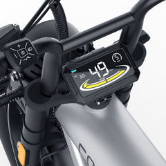 Close-up of a Coswheel CT20 2.0 Cargo Electric motorcycle handlebar with digital speedometer display on a white background