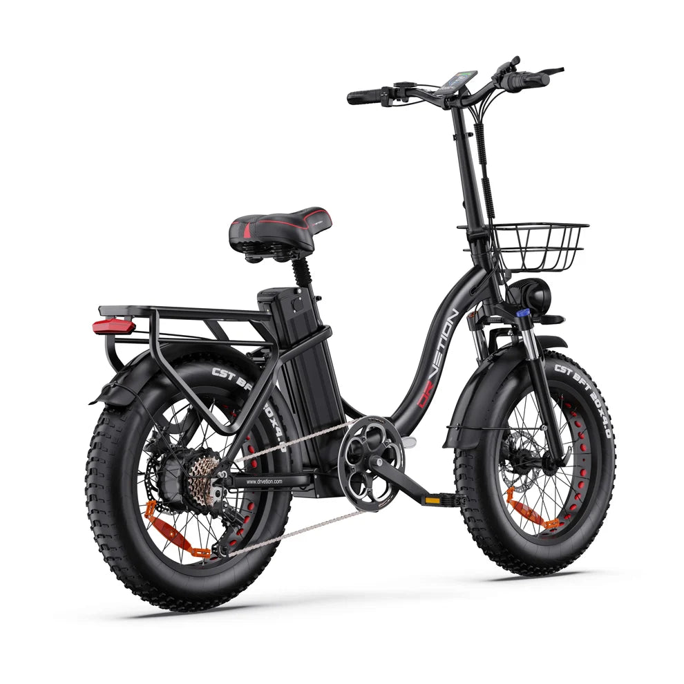 Drvetion CT20 PRO MAX Electric fat-tire bicycle with a front basket, rear cargo rack, and integrated battery pack, shown on a clean white background.