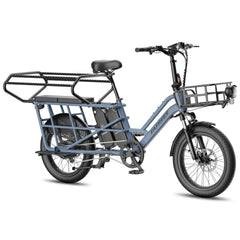 Gray electric cargo bike with baskets on a white background