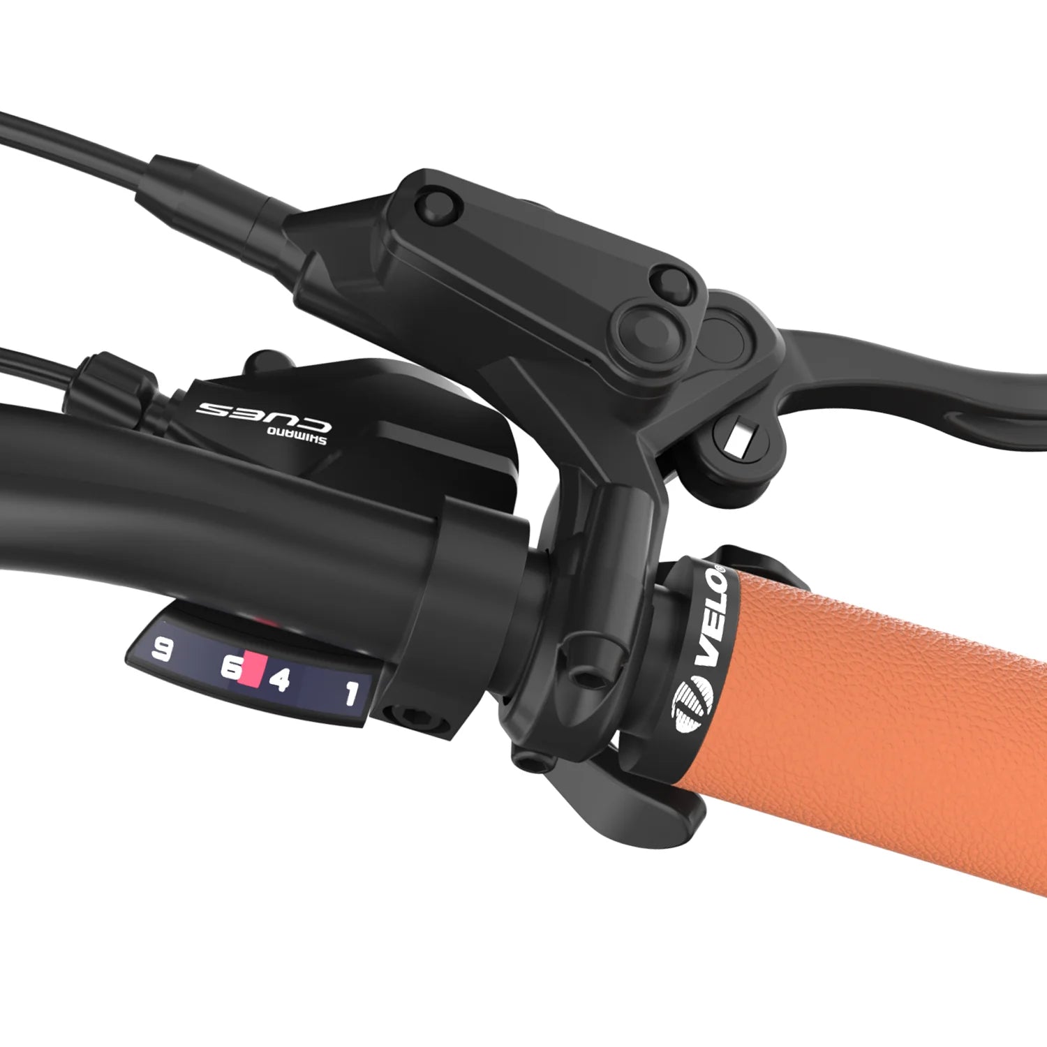 Close-up of a Fafrees F700W Electric Bike brake lever with gear shifter on a white background