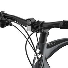 Close-up of a Fafrees F700W Electric bicycle handlebar with black frame and silver brake lever on a white background