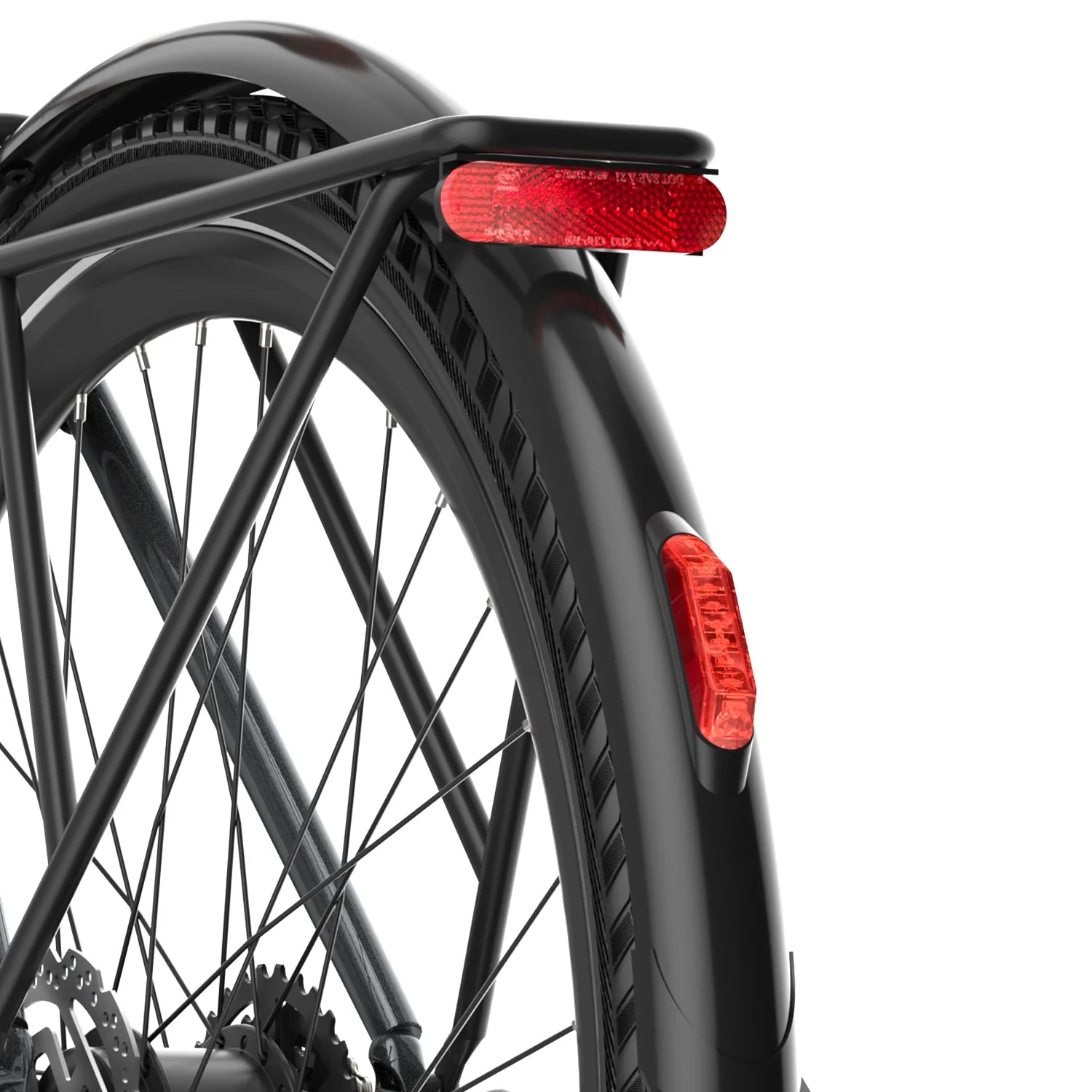 Close-up of a Fafrees F700W Electric bicycle wheel with red reflectors on a white background