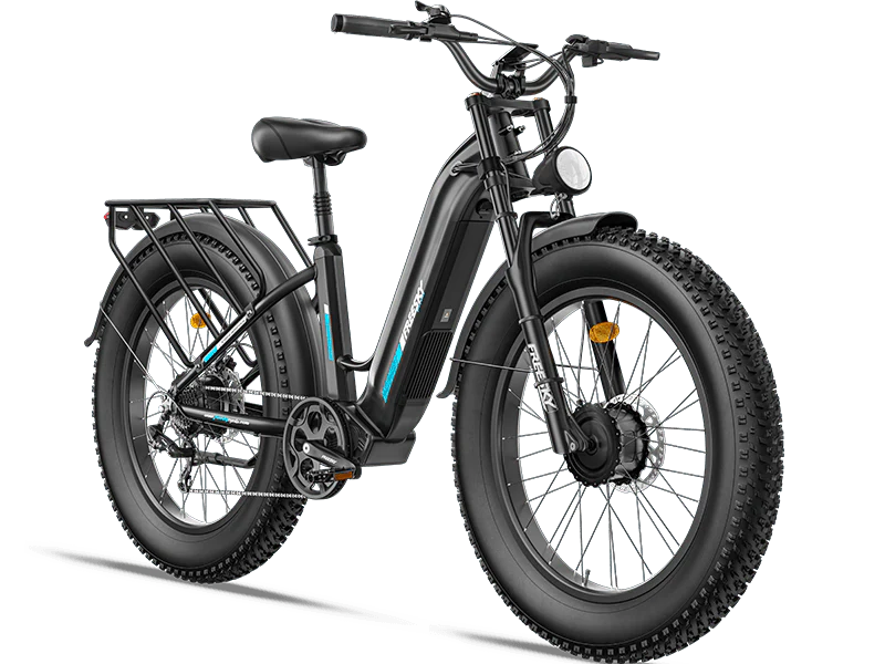 Freesky Ranger M-540 Dual-Motor Step-Thru Ebike in black - right front view on a white background