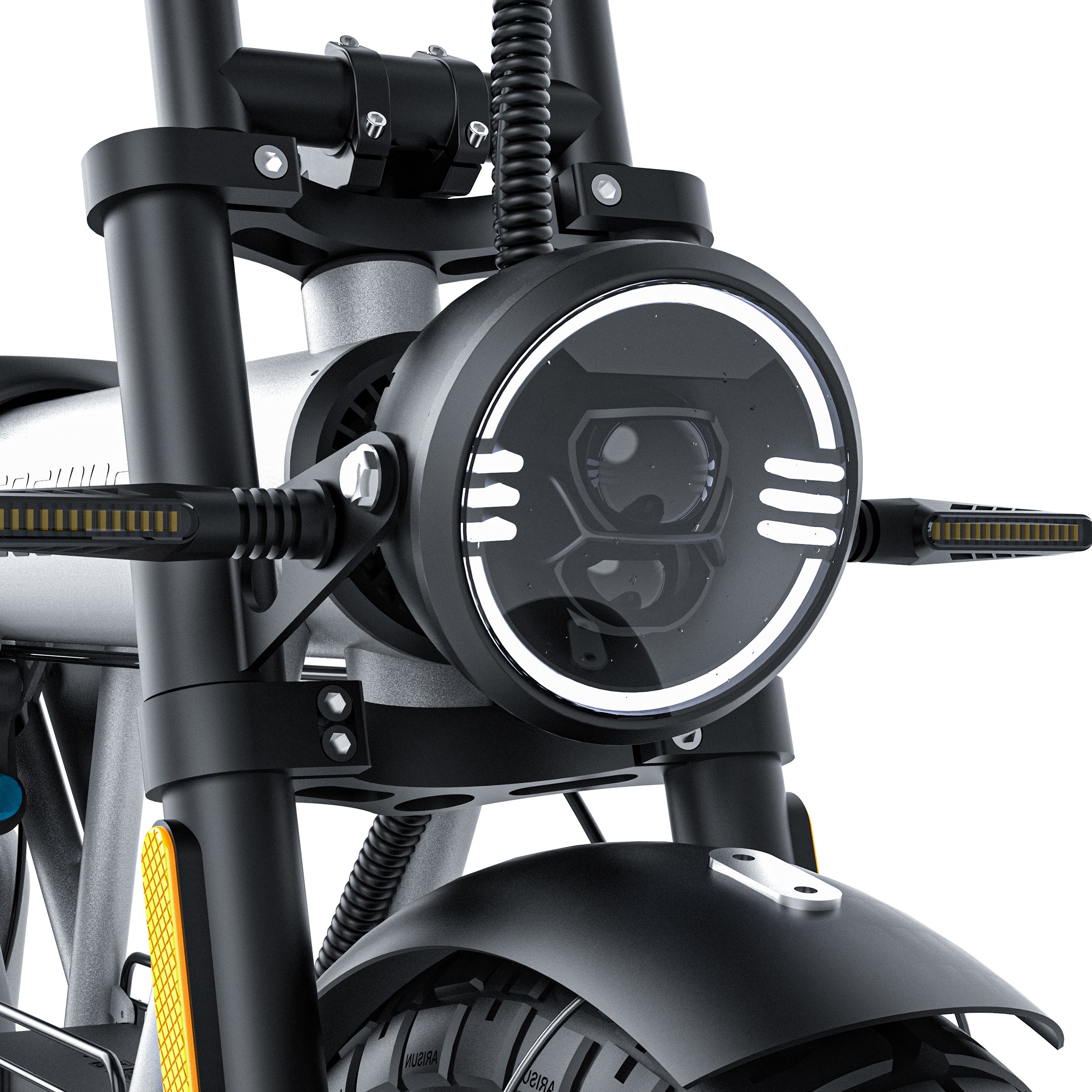 Close-up of a Coswheel CT20 2.0 Cargo Electric motorcycle headlight with brand logo on a white background