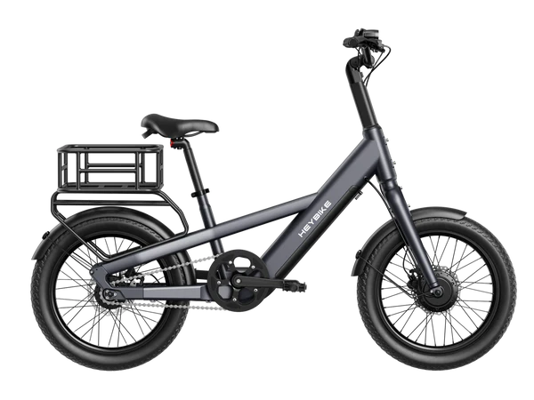 Gray Heybike EC Compact Sport Electric Bike with a small basket on a white background