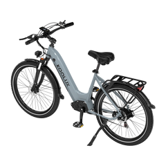 Gray KOOLUX X2 Step-Thru Electric bicycle with black seat and rear rack on a white background