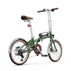 Green Onesport OT02 Pro Electric Bike with brown seat and tires on a white background