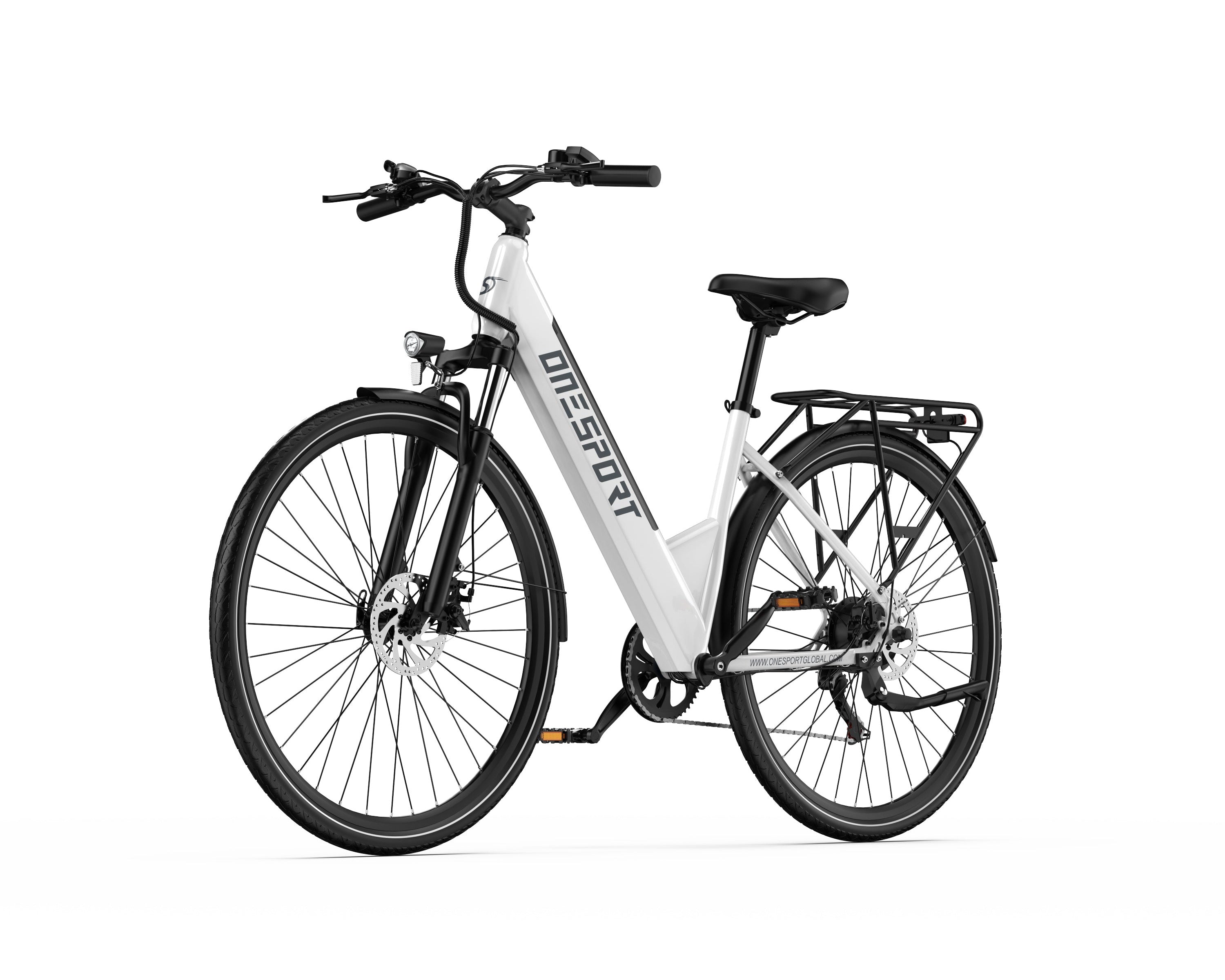 White ONESPORT OT12 Urban Electric Bike with black details on a white background - Pogo Cycles
