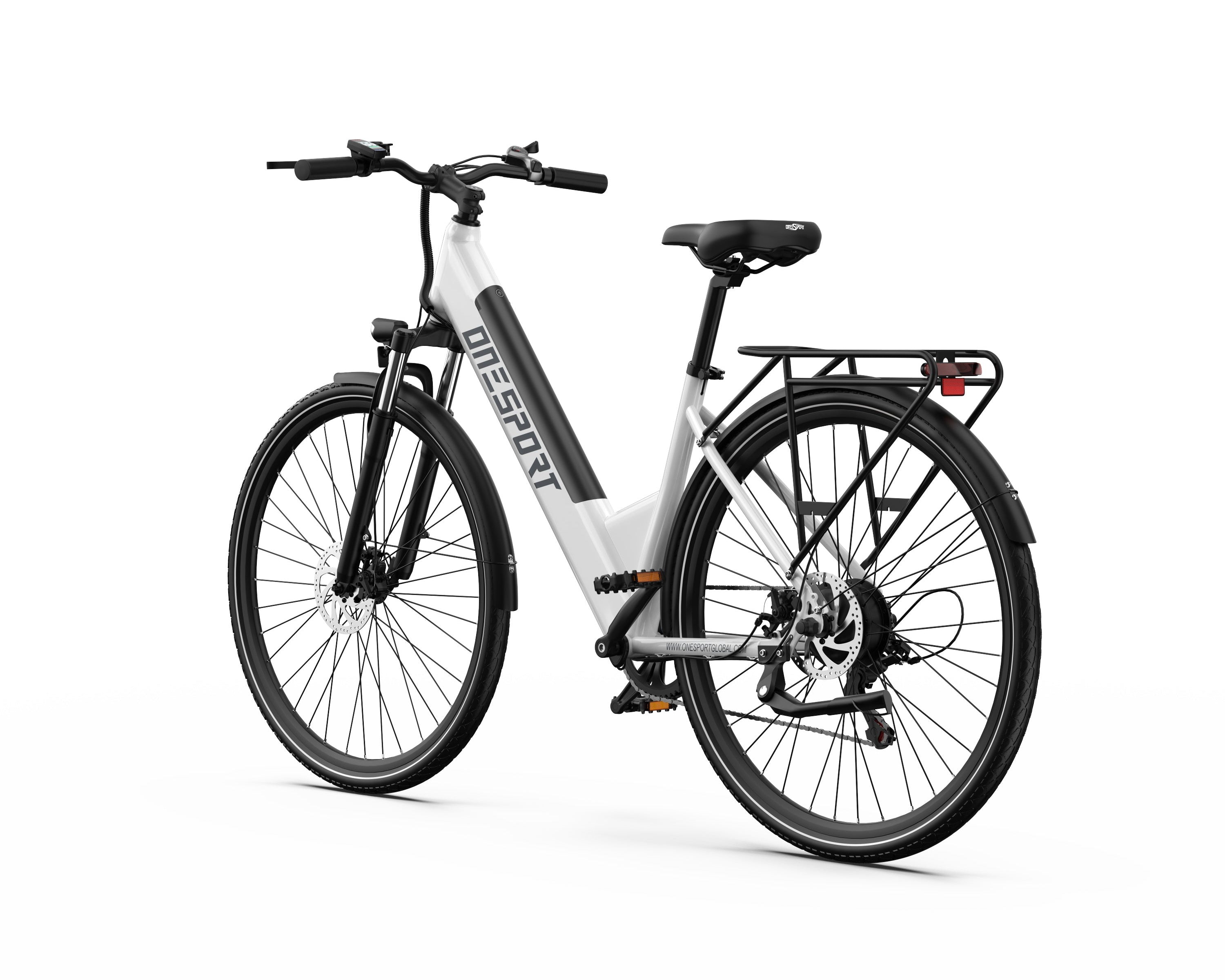 ONESPORT OT12 Urban Electric bicycle with a white frame and black components on a white background