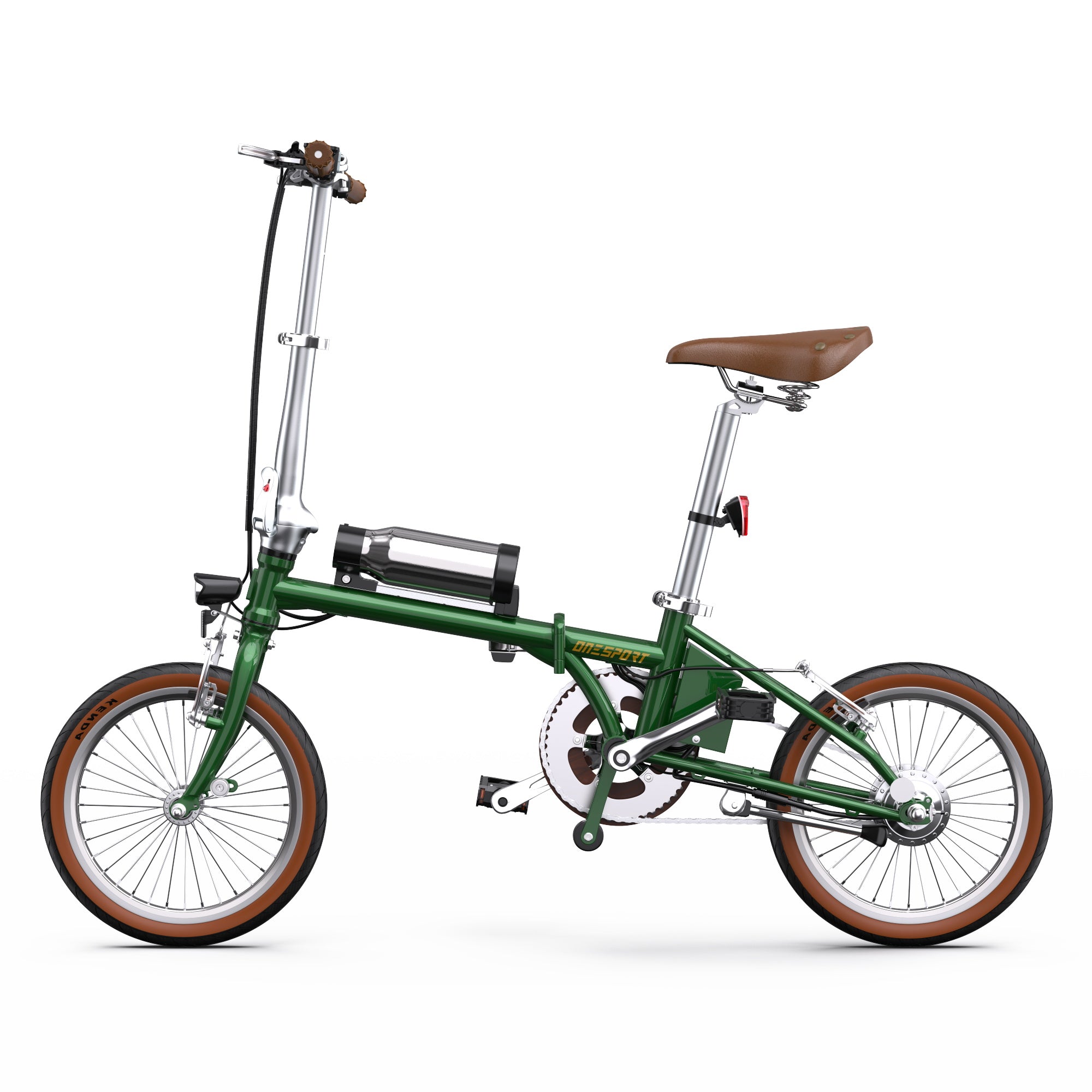 Green OneSport OT02 Compact Folding Electric Bike with brown seat on a white background - Pogo Cycles