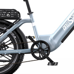 Close-up Onesport OT08 of a light blue electric bike with visible branding on a white background