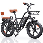 Black electric bike with brown seat and basket on a white background