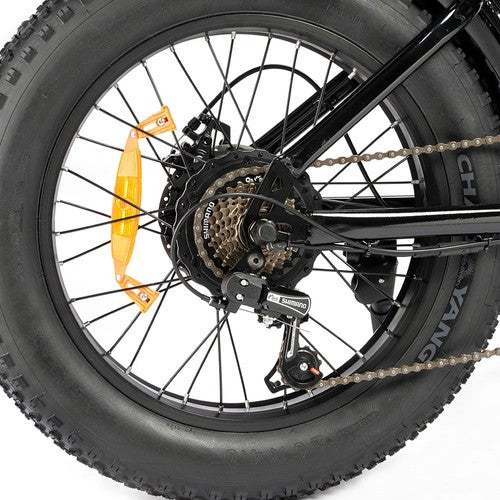 Close-up of a Ridstar Q20 Mini Electric Bike wheel with suspension fork on a white background