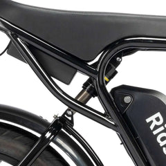 Close-up of a black electric bike frame with 'Ridstar' branding on a white background