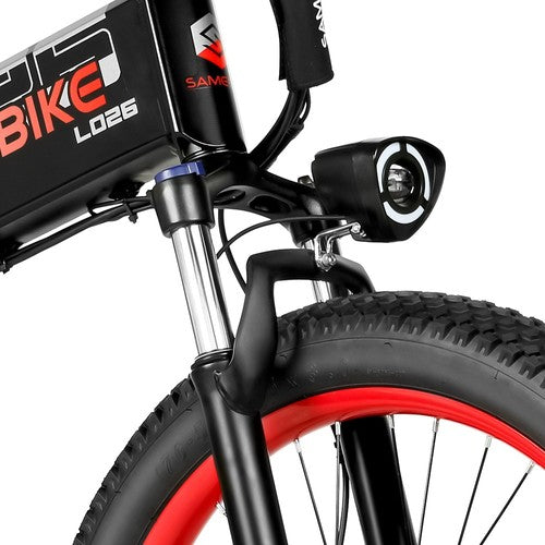 Close-up of an SAMEBIKE LO26-Plus Electric Bike with a visible brand logo on a white background