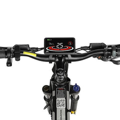 Close-up of a SAMEBIKE LO26-Plus Electric Bike handlebar with a digital display and control buttons on a white background