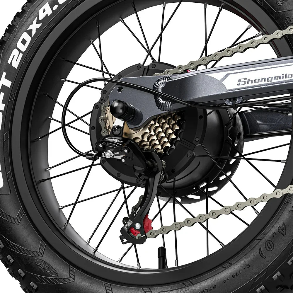 Close-up of a bicycle wheel with chain and gear system on a white background