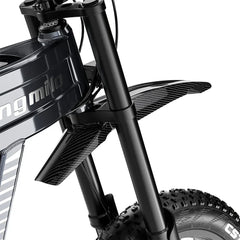 Close-up of a bicycle's front suspension fork with 'Canying Milo' branding on a white background.