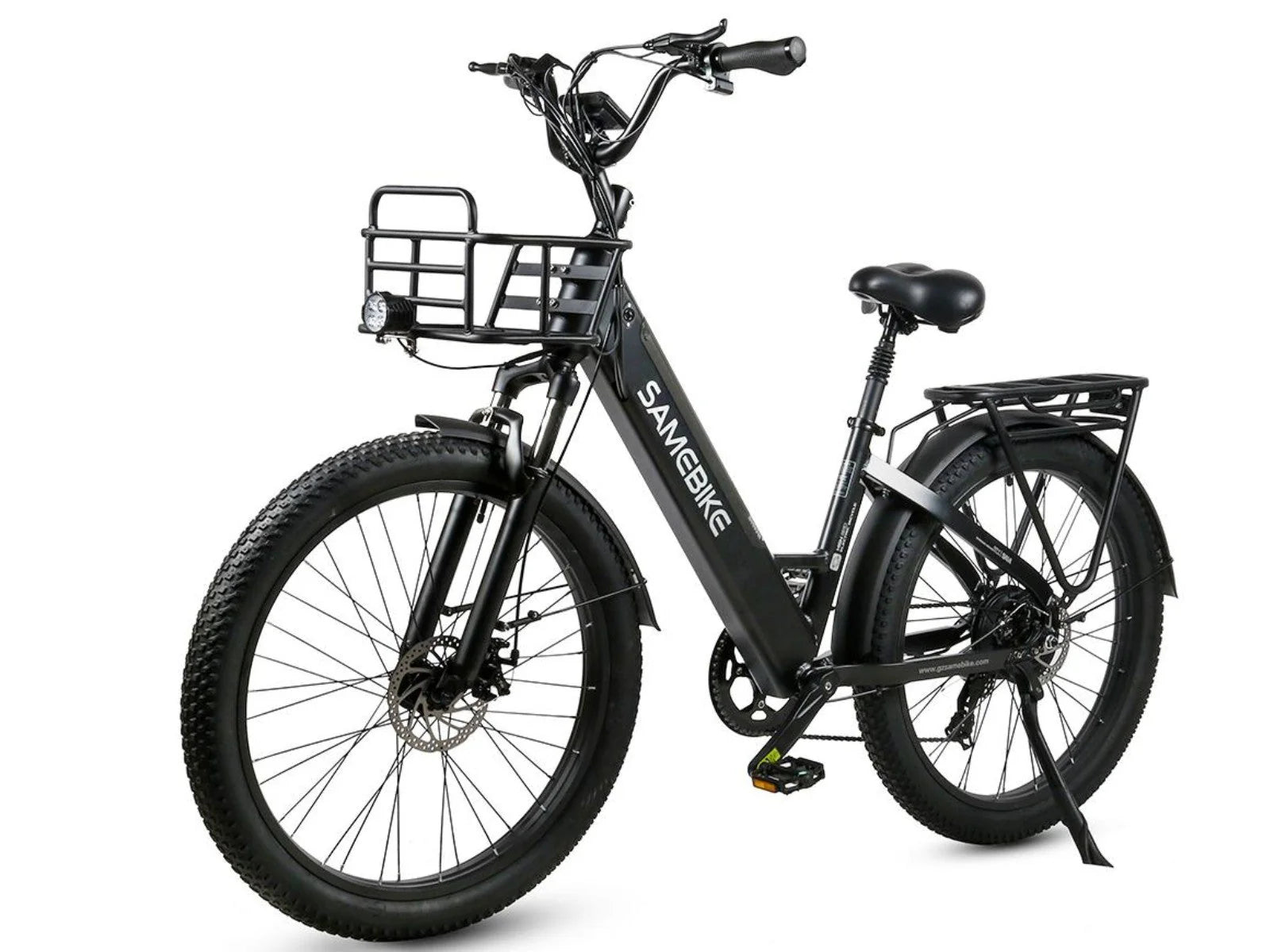 Black Samebike RS-A01 Plus Electric Bike with a basket on a white background