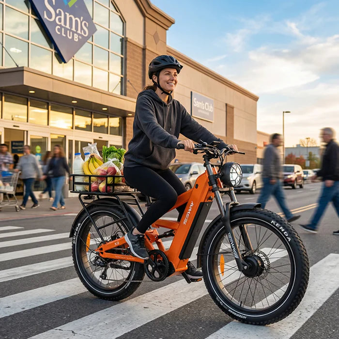 A women riding an TESWAY X9 Ultra Dual Motor Electric Bike in front of a Sam's Club store.