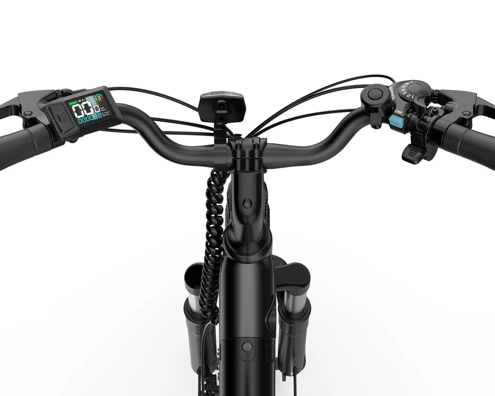 Close-up of a URLIFE E26 Step-Through Electric bicycle handlebar with digital display on a white background