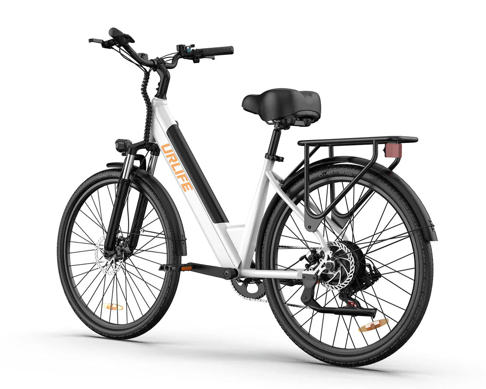 White URLIFE E26 Step-Through Electric Bike with black tires on a white background