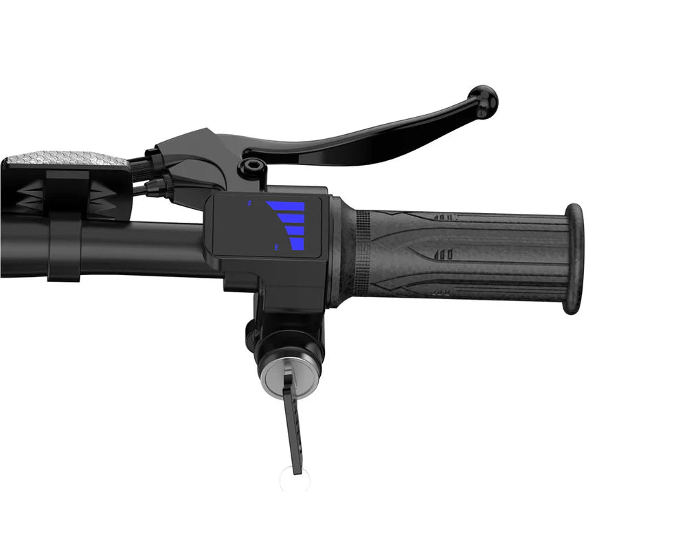 Close-up of a URLIFE F1L Compact Folding Electric motorcycle handlebar with throttle and brake lever on a white background