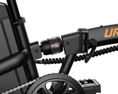 Close-up of a black URLIFE F1L Compact Folding Electric scooter with visible branding on a white background