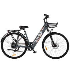 Gray VARUN C7008 Urban Electric Bike with a basket on a white background - Pogo Cycles, Ireland