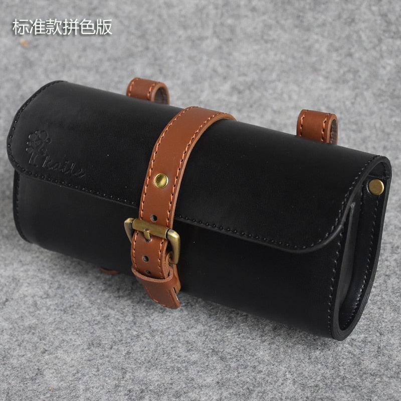 Black with brown straps Bicycle bag handmade leather rainproof riding bag handlebar saddle bag fit brompton road bike MTB PU leather tool bag - Pogo Cycles
